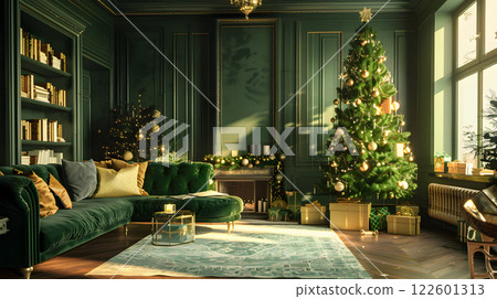 Festive Christmas interior with fir tree, gifts and garlands. AI Generated 122601313