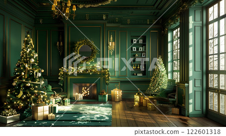 Festive Christmas interior with fir tree, gifts and garlands. AI Generated 122601318