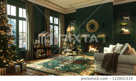 Festive Christmas interior with fir tree, gifts and garlands. AI Generated 122601319