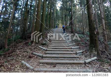 登山者沿著通往埼玉縣長瀞町寶珠山的長階梯向上攀登 登山者沿著通往埼玉縣長瀞町寶珠山的長階梯向上攀登 122601383