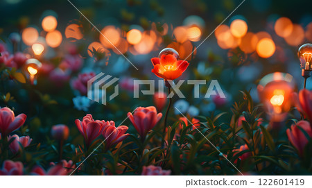 A field of light bulbs in the form of flowers as a concept for energy saving. AI Generated 122601419