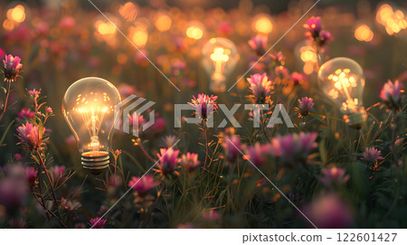 A field of light bulbs in the form of flowers as a concept for energy saving. AI Generated 122601427