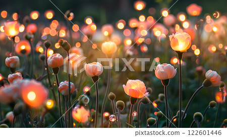 A field of light bulbs in the form of flowers as a concept for energy saving. AI Generated 122601446
