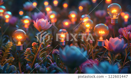 A field of light bulbs in the form of flowers as a concept for energy saving. AI Generated A field of light bulbs in the form of flowers as a concept for energy saving. AI Generated 122601447