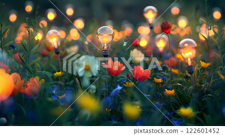 A field of light bulbs in the form of flowers as a concept for energy saving. AI Generated 122601452
