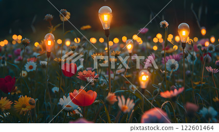 A field of light bulbs in the form of flowers as a concept for energy saving. AI Generated 122601464