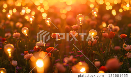 A field of light bulbs in the form of flowers as a concept for energy saving. AI Generated A field of light bulbs in the form of flowers as a concept for energy saving. AI Generated 122601465
