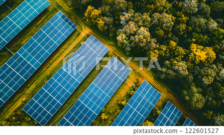 Fields of solar panels and systems to produce green electricity. AI Generated 122601527