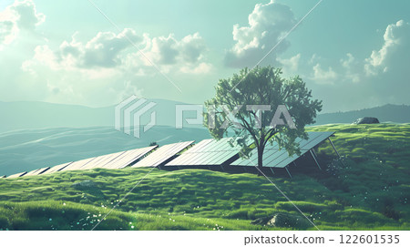 Fields of solar panels and systems to produce green electricity. AI Generated Fields of solar panels and systems to produce green electricity. AI Generated 122601535