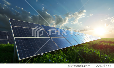 Fields of solar panels and systems to produce green electricity. AI Generated 122601537