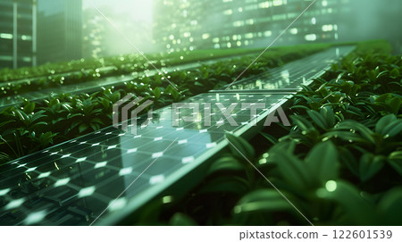 Fields of solar panels and systems to produce green electricity. AI Generated 122601539