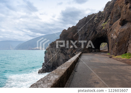 Coastal rock with a tunnel, Madeira, Portugal Coastal rock with a tunnel, Madeira, Portugal 122601607