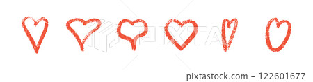 Crayon heart collection in coral red color - elongated, symmetric, stemmed shapes. Hand drawn outlined romantic symbols with chalk textured edges for Valentine day decorative elements. 122601677
