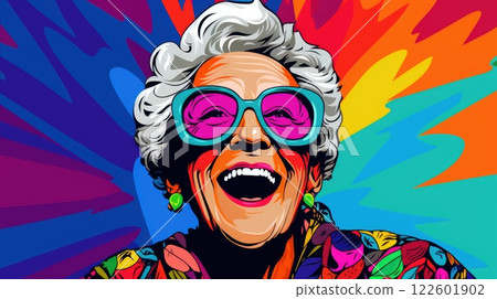 funny happy senior woman colorful illustration 122601902