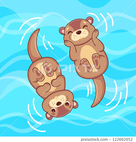 Cute swimming otters. Cartoon characters. Vector illustration 122602052
