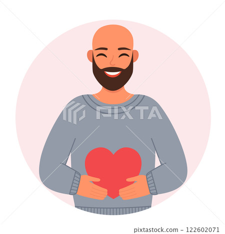 Bald and bearded man in love holding a heart. Vector illustration Bald and bearded man in love holding a heart. Vector illustration 122602071