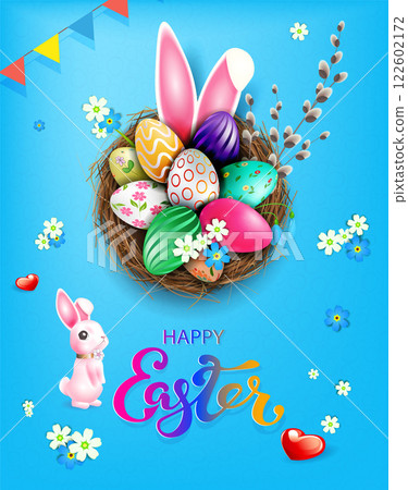 Blue card with Easter eggs in a nest and a wonderful pink bunny 122602172