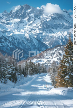 Pristine ski slope with fresh snow, surrounded by snowy pine trees and majestic mountain peaks under a bright blue sky 122602270