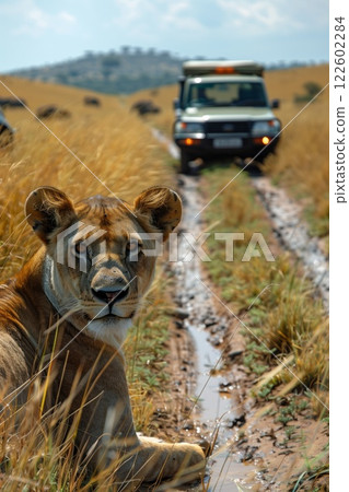 A lioness resting on a dirt path in the savanna with a safari vehicle approaching in the background, showcasing an intimate wildlife encounter 122602284