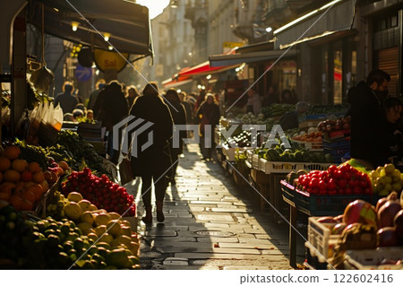 Bustling urban market at sunset with fresh produce stalls, colorful fruits, and vegetables, and people shopping in warm golden light 122602416