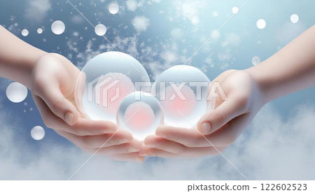 雙手握住的冷凍卵子和幹細胞的 3D 插圖 冷凍細胞 醫療材料 122602523