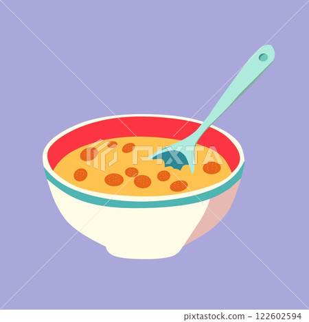 Bright illustration of a colorful cereal bowl with a spoon, symbolizing a fun and healthy breakfast. Perfect for food related concepts, childrens themes, or nutrition content 122602594