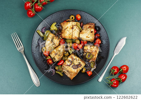 Oven baked mackerel. 122602622