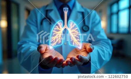 Doctor Holding Holographic Lung Model in a Clinic 122602750