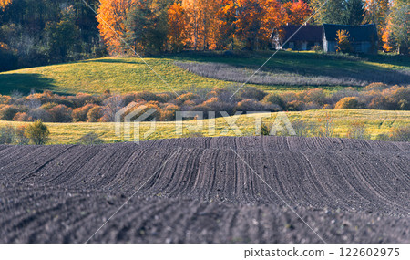 A cultivated agricultural field in an autumn landscape with an old wooden house in the background A cultivated agricultural field in an autumn landscape with an old wooden house in the background 122602975