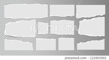 Realistic ripped white paper sheets isolated on transparent background. Torn blank pages with uneven texture. Vector 122603002