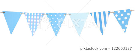 Festive garland of triangular paper blue flags Festive garland of triangular paper blue flags 122603157
