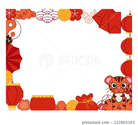 2034 New year of Tiger. Chinese traditional elements for lunar lantern festival with cute baby tiger character vector graphic line rectangle frame template illustration. 122603163