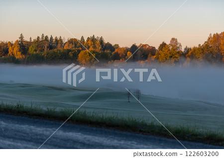 Autumn morning fog over frosty golf courses in Sigulda, Latvia 122603200