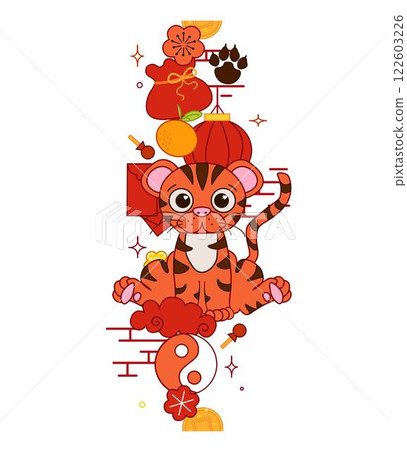 Chinese new year vector vertical seamless border. 2034 year of Tiger CNY lunar lantern festival mascot. Asia oriental traditional ornament, frame and border. Graphic line illustration 122603226