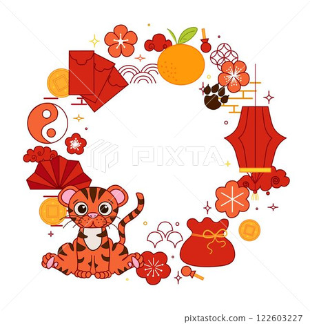 CNY 2034 Tiger circle round vector frame template for your text traditional frame design. Graphic line illustration chinese lunar new year, CNY lantern festival 2034 mascot 122603227