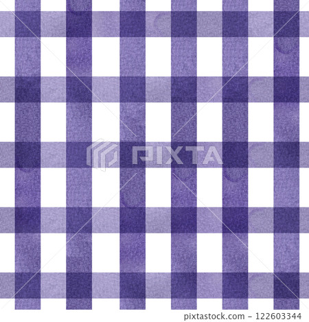 Watercolor checkered seamless pattern with plum colored stripes. Hand drawn trendy violet background with lines for textile, fabric, packing design. Web and banner repeated pattern 122603344