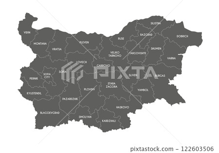 Vector regional map of Bulgaria with provinces or territories and administrative divisions. Editable and clearly labeled layers. 122603506