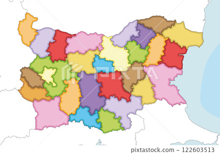 Vector illustrated regional blank map of Bulgaria with provinces and administrative divisions, and neighbouring countries and territories. Editable and clearly labeled layers. Vector illustrated regional blank map of Bulgaria with provinces and administrative divisions, and neighbouring countries and territories. Editable and clearly labeled layers. 122603513