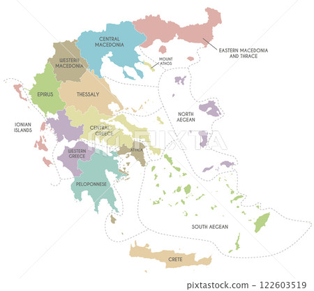 Vector map of Greece with regions or territories and administrative divisions. Editable and clearly labeled layers. Vector map of Greece with regions or territories and administrative divisions. Editable and clearly labeled layers. 122603519