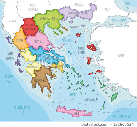 Vector illustrated map of Greece with regions and administrative divisions, and neighbouring countries and territories. Editable and clearly labeled layers. 122603524