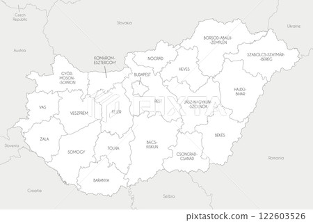 Vector regional map of Hungary with counties and administrative divisions, and neighbouring countries and territories. Editable and clearly labeled layers. Vector regional map of Hungary with counties and administrative divisions, and neighbouring countries and territories. Editable and clearly labeled layers. 122603526