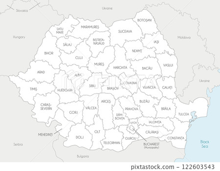 Vector regional map of Romania with counties and administrative divisions, and neighbouring countries and territories. Editable and clearly labeled layers. Vector regional map of Romania with counties and administrative divisions, and neighbouring countries and territories. Editable and clearly labeled layers. 122603543