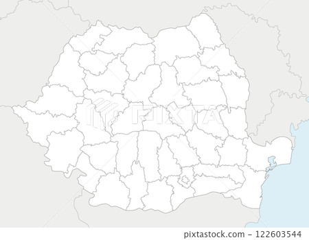 Vector regional blank map of Romania with counties and administrative divisions, and neighbouring countries and territories. Editable and clearly labeled layers. 122603544