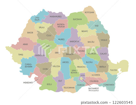 Vector regional map of Romania with counties or territories and administrative divisions. Editable and clearly labeled layers. 122603545