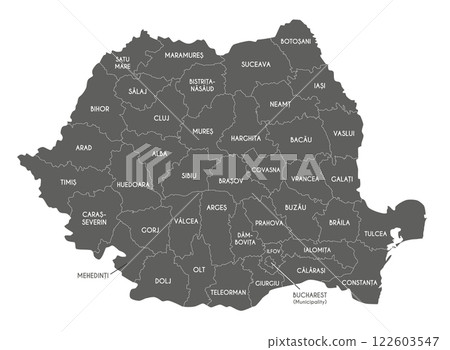 Vector regional map of Romania with counties or territories and administrative divisions. Editable and clearly labeled layers. Vector regional map of Romania with counties or territories and administrative divisions. Editable and clearly labeled layers. 122603547