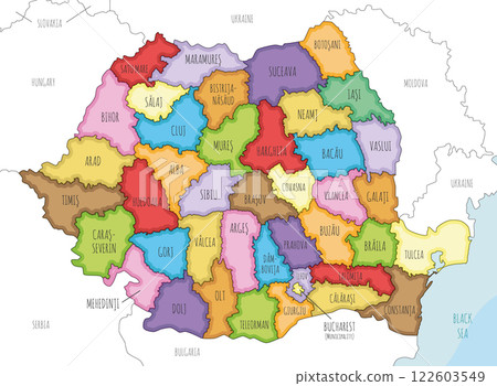 Vector illustrated regional map of Romania with counties and administrative divisions, and neighbouring countries and territories. Editable and clearly labeled layers. Vector illustrated regional map of Romania with counties and administrative divisions, and neighbouring countries and territories. Editable and clearly labeled layers. 122603549
