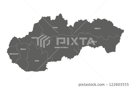 Vector map of Slovakia or Slovak Republic with regions or territories and administrative divisions. Editable and clearly labeled layers. 122603555
