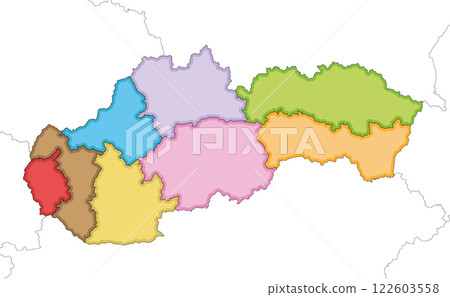 Vector illustrated blank map of Slovakia or Slovak Republic with regions and administrative divisions, and neighbouring countries and territories. Editable and clearly labeled layers. 122603558