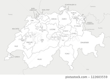 Vector regional map of Switzerland with cantons and administrative divisions, and neighbouring countries and territories. Editable and clearly labeled layers. 122603559