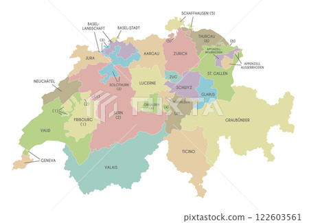 Vector regional map of Switzerland with cantons or territories and administrative divisions. Editable and clearly labeled layers. Vector regional map of Switzerland with cantons or territories and administrative divisions. Editable and clearly labeled layers. 122603561